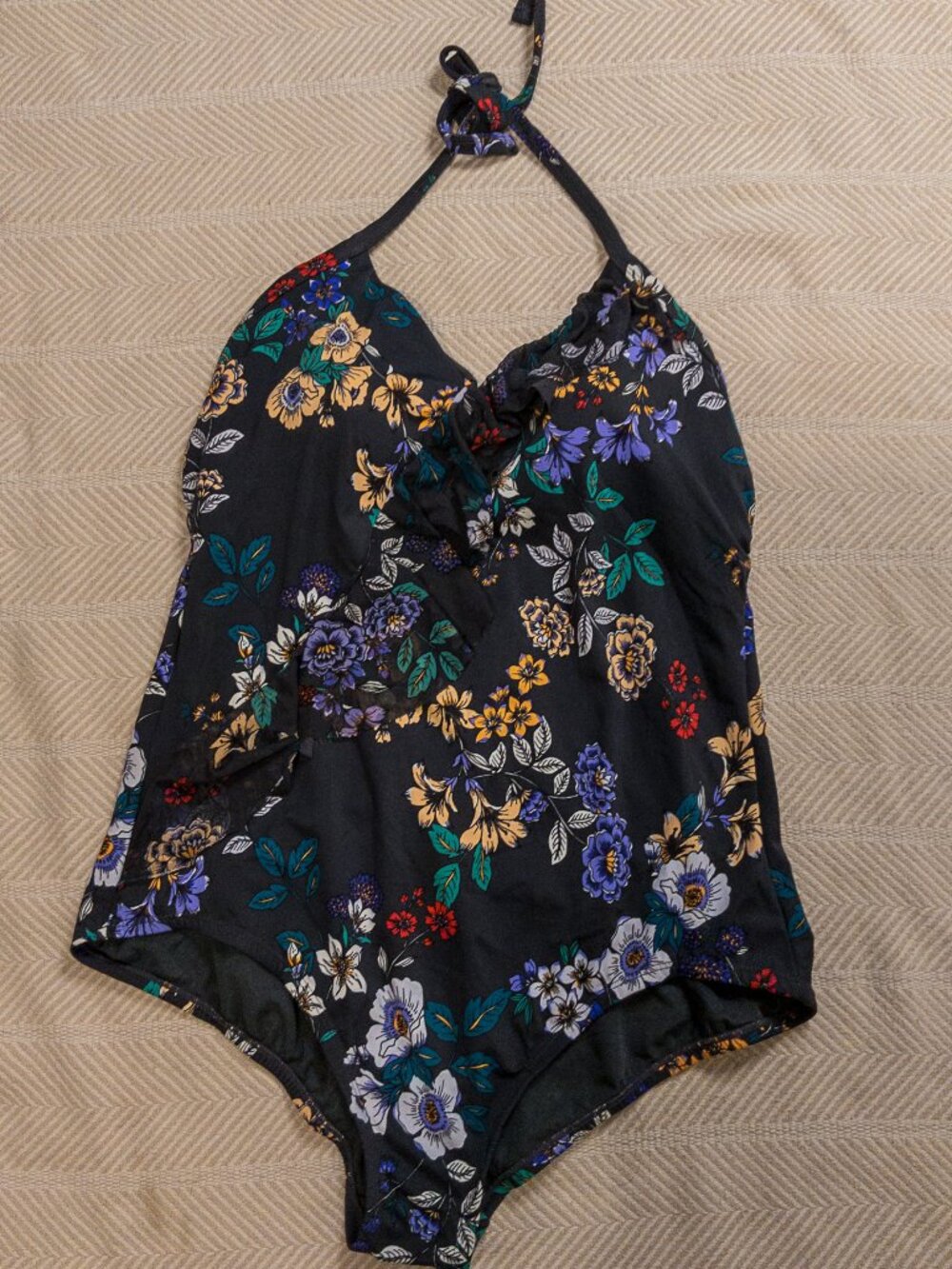 Black Dark Floral Sheer Mesh Ruffle Halter One Piece Swimsuit Padded